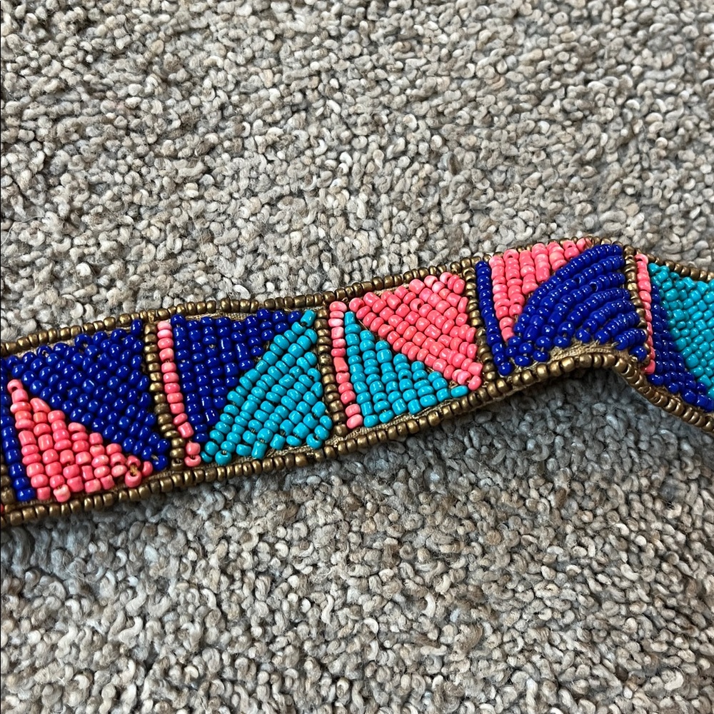 Vegan Leather Vibrant Turquoise Navy Coral and Bronze Beaded tie belt 64 inches - Picture 3 of 16